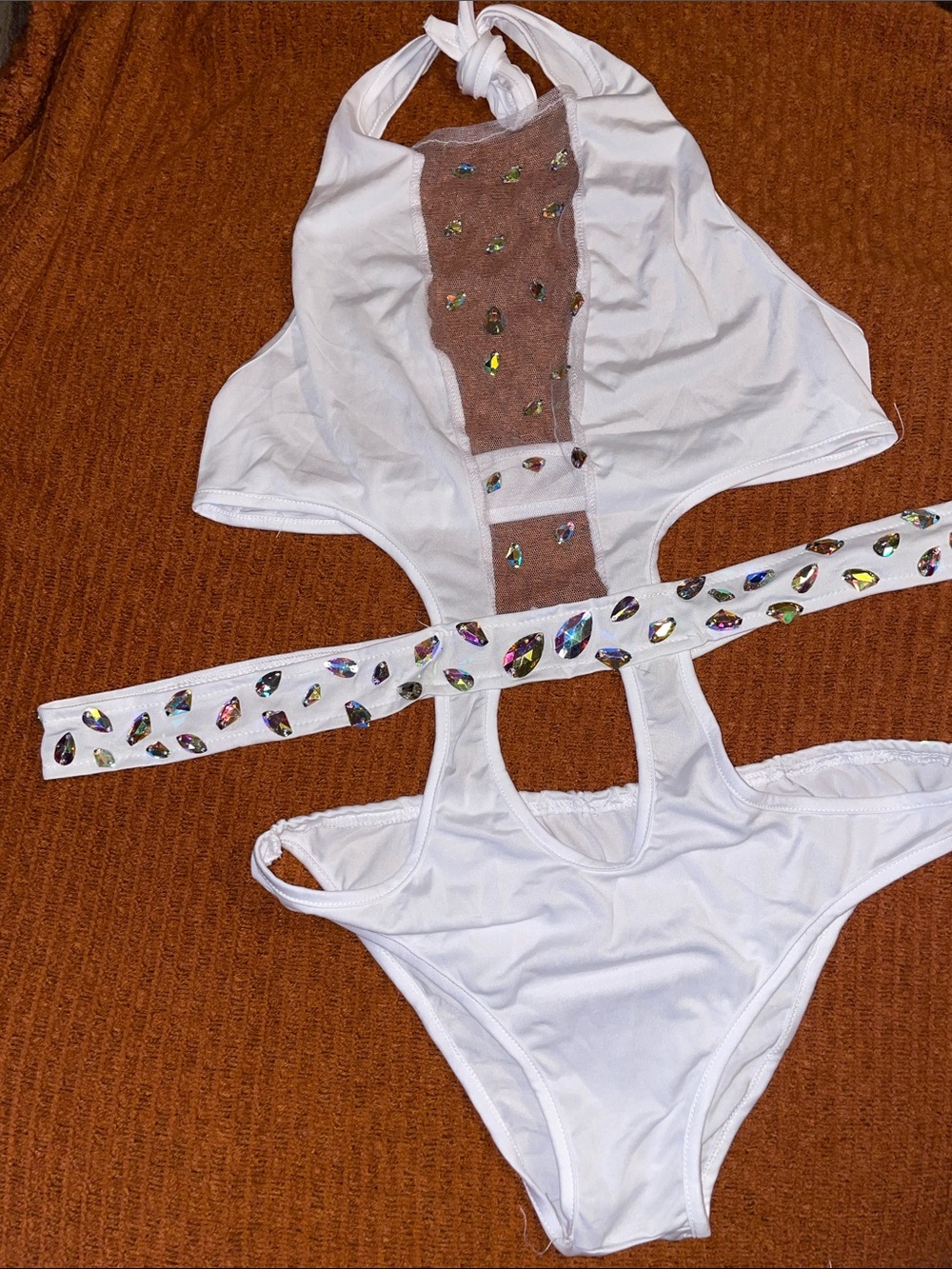 Kids White Rhinestone One-Piece Swimwear